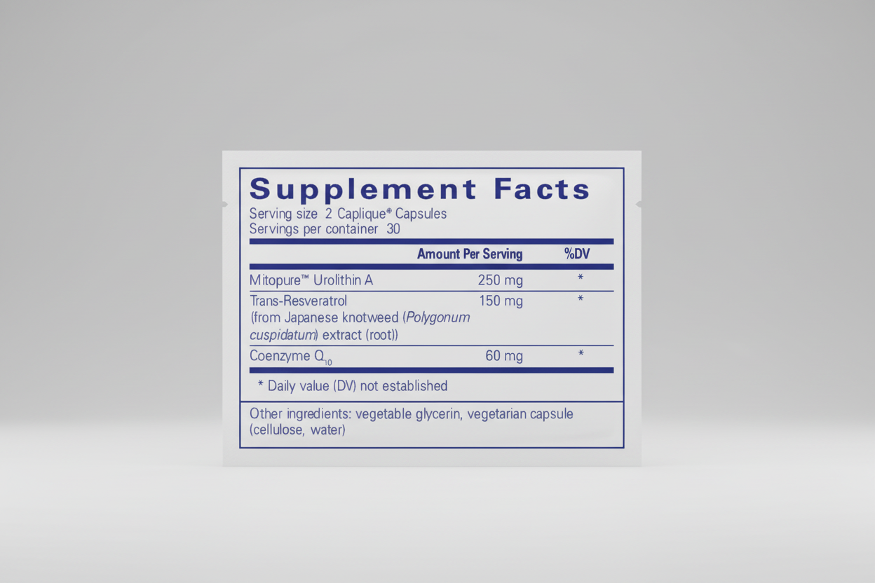Supplement facts label for Mitopure Urolithin A with ingredients listed.