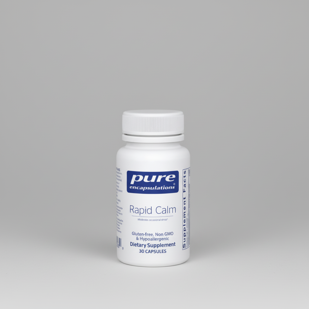 Supplement bottle labeled 'Rapid Calm' by pure encapsulations on a white background