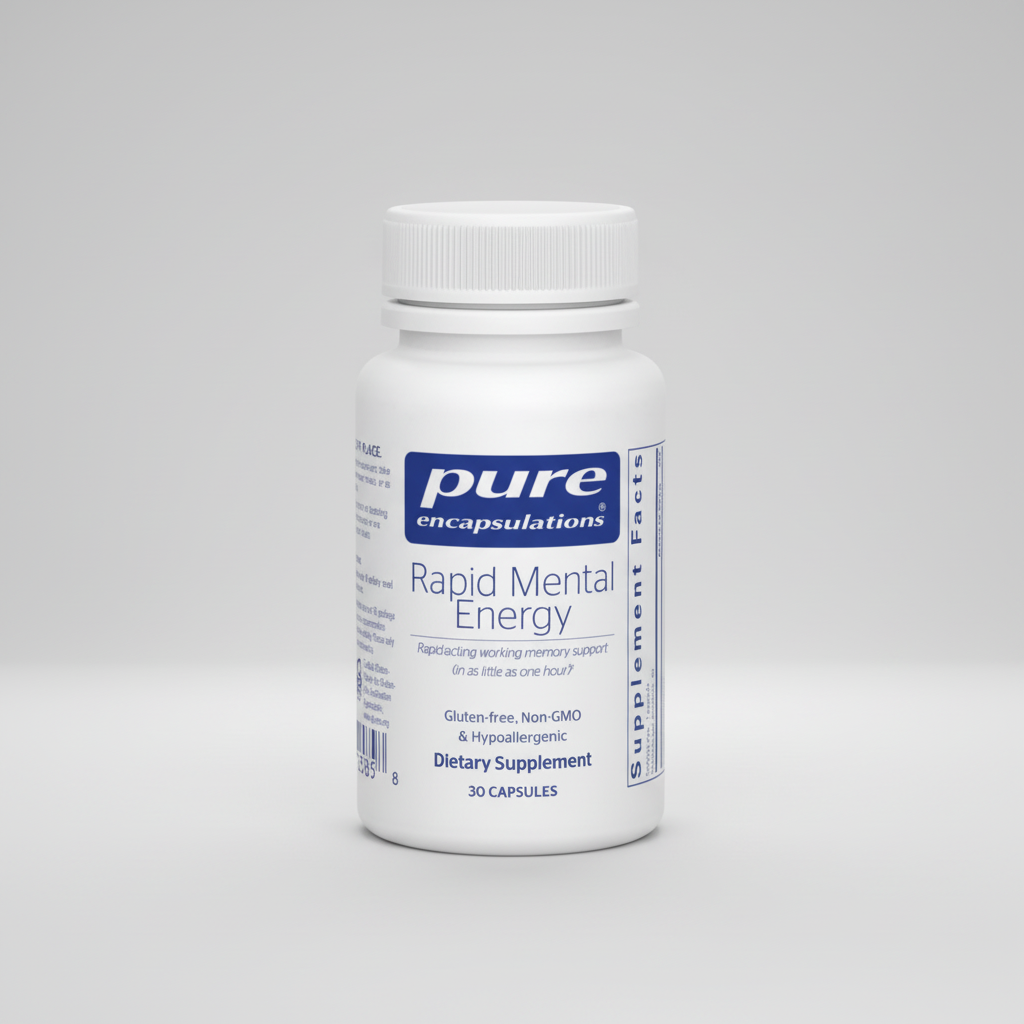 Supplement bottle labeled 'Rapid Mental Energy' by Pure Encapsulations on a white background
