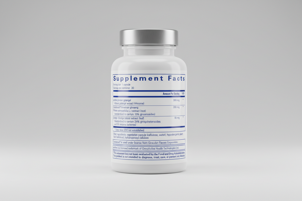 Supplement facts label with detailed ingredient list and dosages on a white background