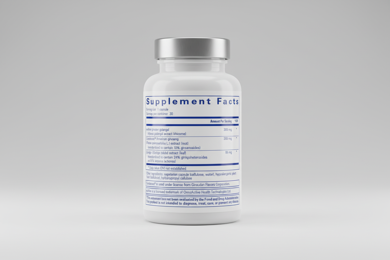 Supplement facts label with detailed ingredient list and dosages on a white background