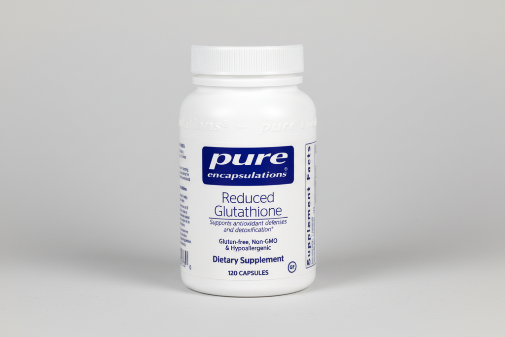 Supplement bottle labeled 'pure encapsulations Reduced Glutathione' on a white background
