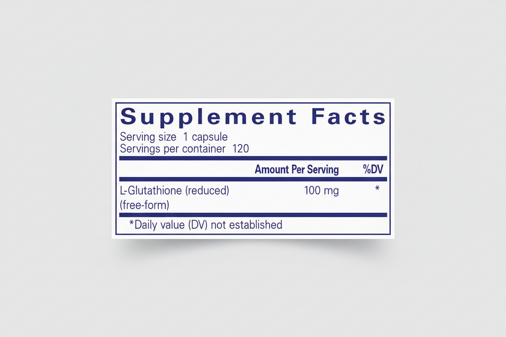Supplement facts label for L-Glutathione with serving size and container details.