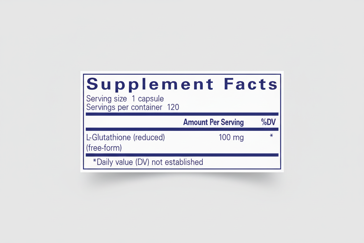 Supplement facts label for L-Glutathione with serving size and container details.