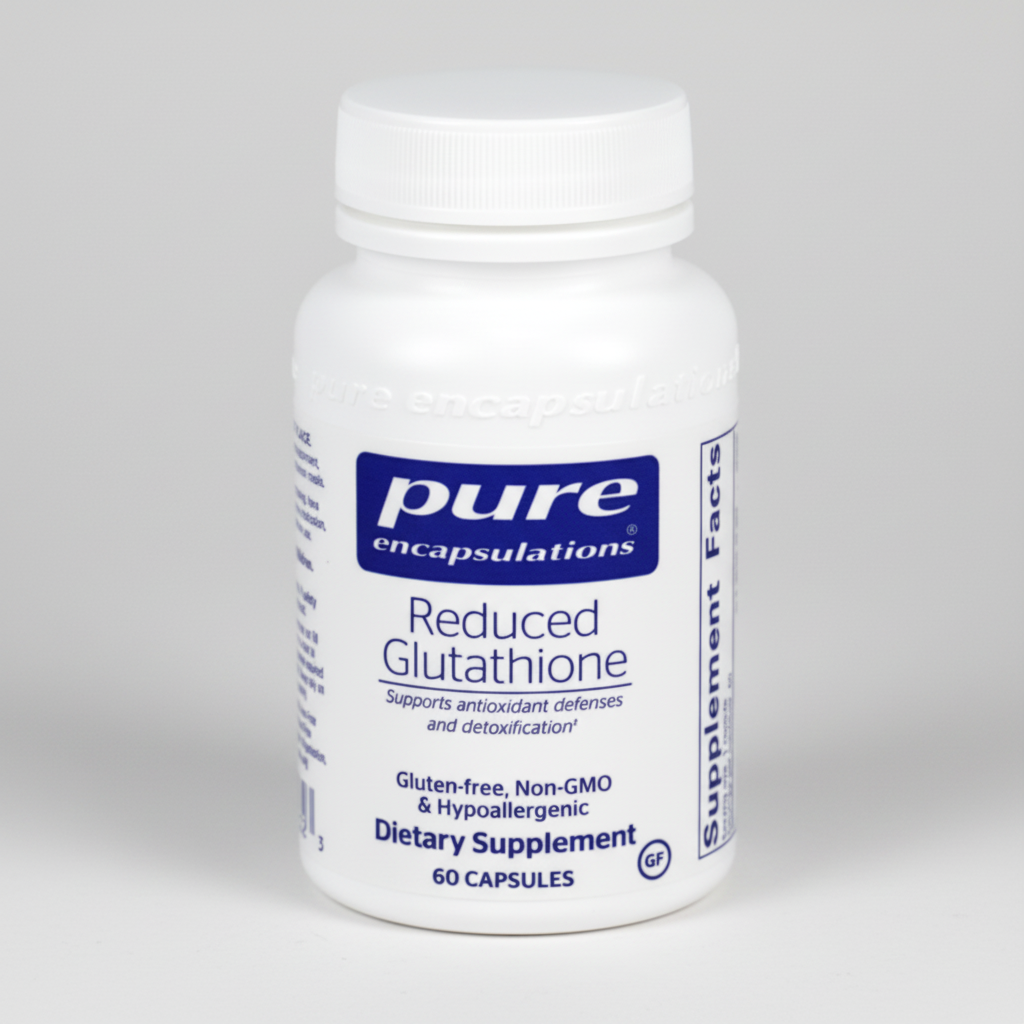 Supplement bottle labeled 'pure encapsulations Reduced Glutathione' on a white background