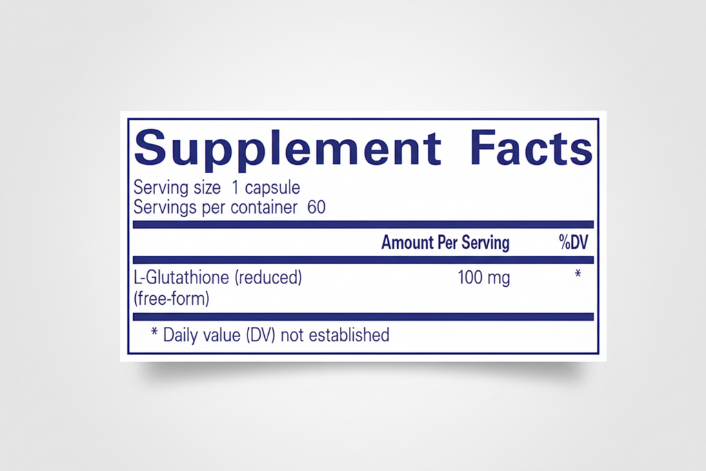 Supplement label with L-Glutathione content on a blue background