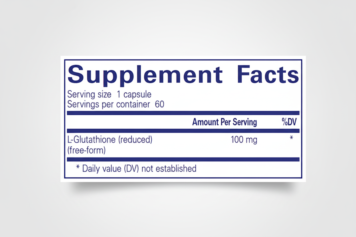 Supplement label with L-Glutathione content on a blue background