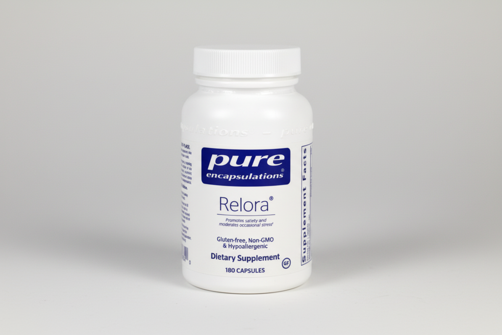 Supplement bottle labeled 'Relora' by 'pure encapsulations' on a white background