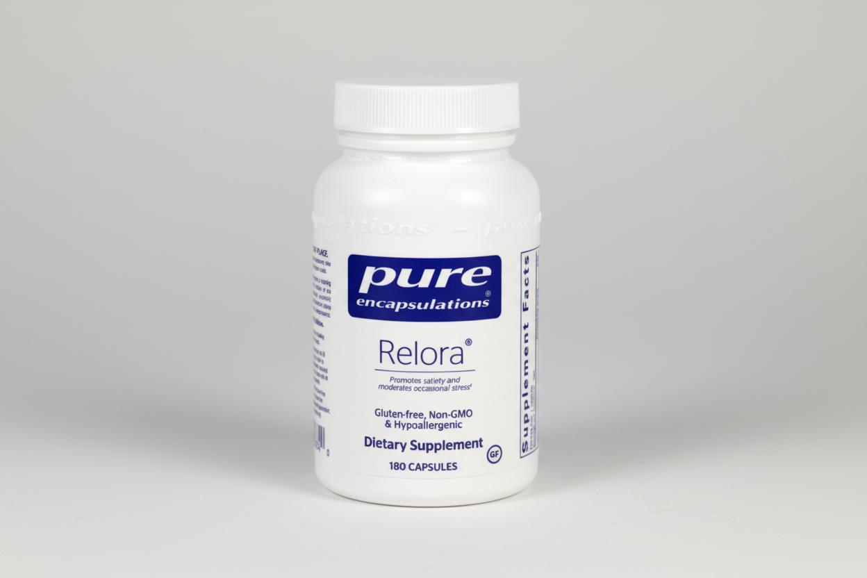 Supplement bottle labeled 'Relora' by 'pure encapsulations' on a white background