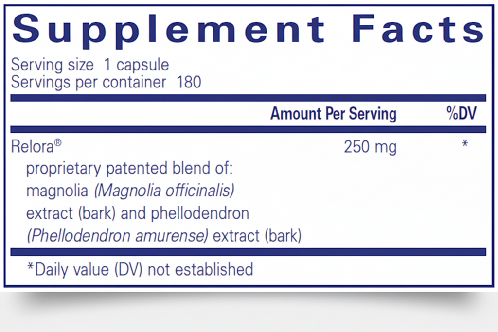 Supplement facts label with Relora and its ingredients on a blue background