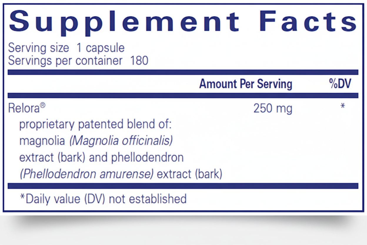 Supplement facts label with Relora and its ingredients on a blue background