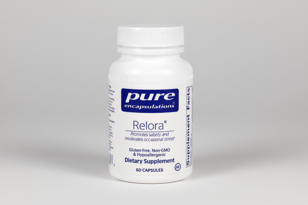 Supplement bottle labeled 'pure encapsulations Relora' on a white background