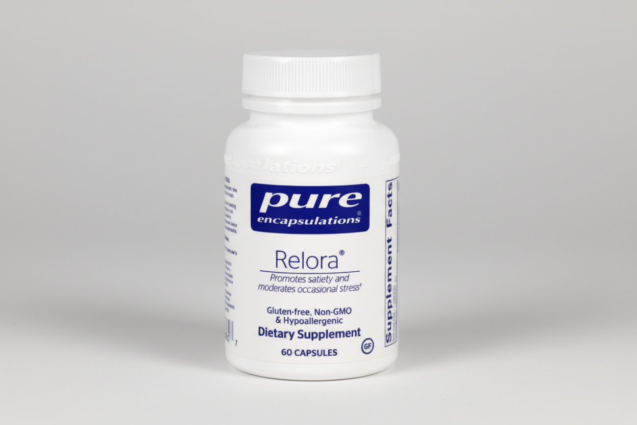 Supplement bottle labeled 'pure encapsulations Relora' on a white background