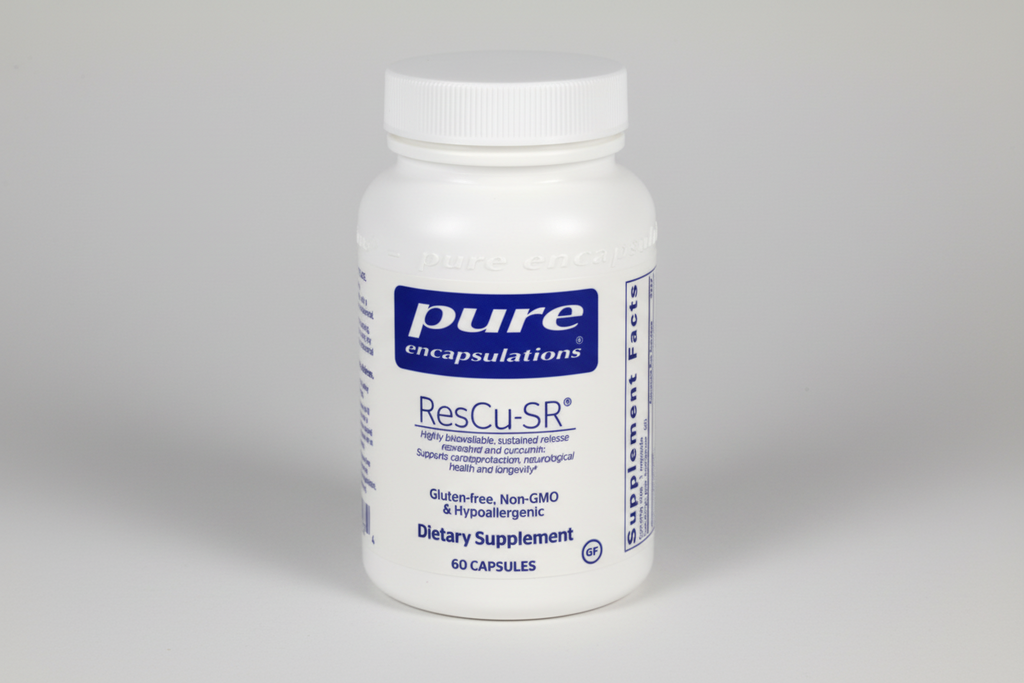 Supplement bottle labeled 'pure encapsulations Rescu-SR' on a white background
