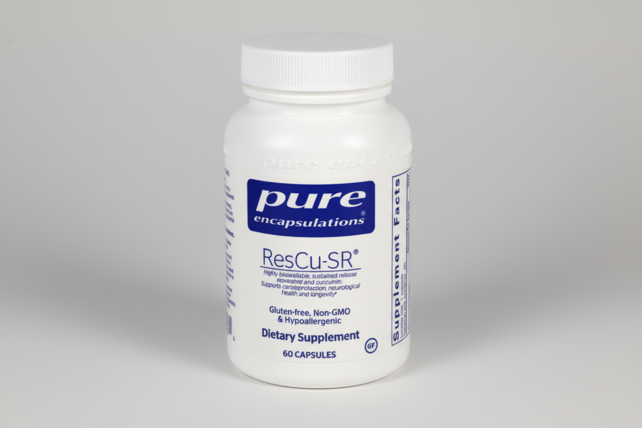 Supplement bottle labeled 'pure encapsulations Rescu-SR' on a white background