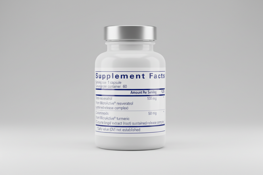 Supplement facts label with trans-resveratrol and curcuminoids on a blue background