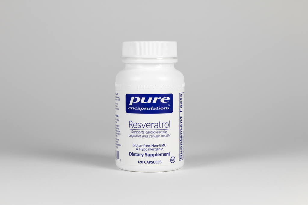 Supplement bottle labeled 'pure encapsulations Resveratrol' on a white background