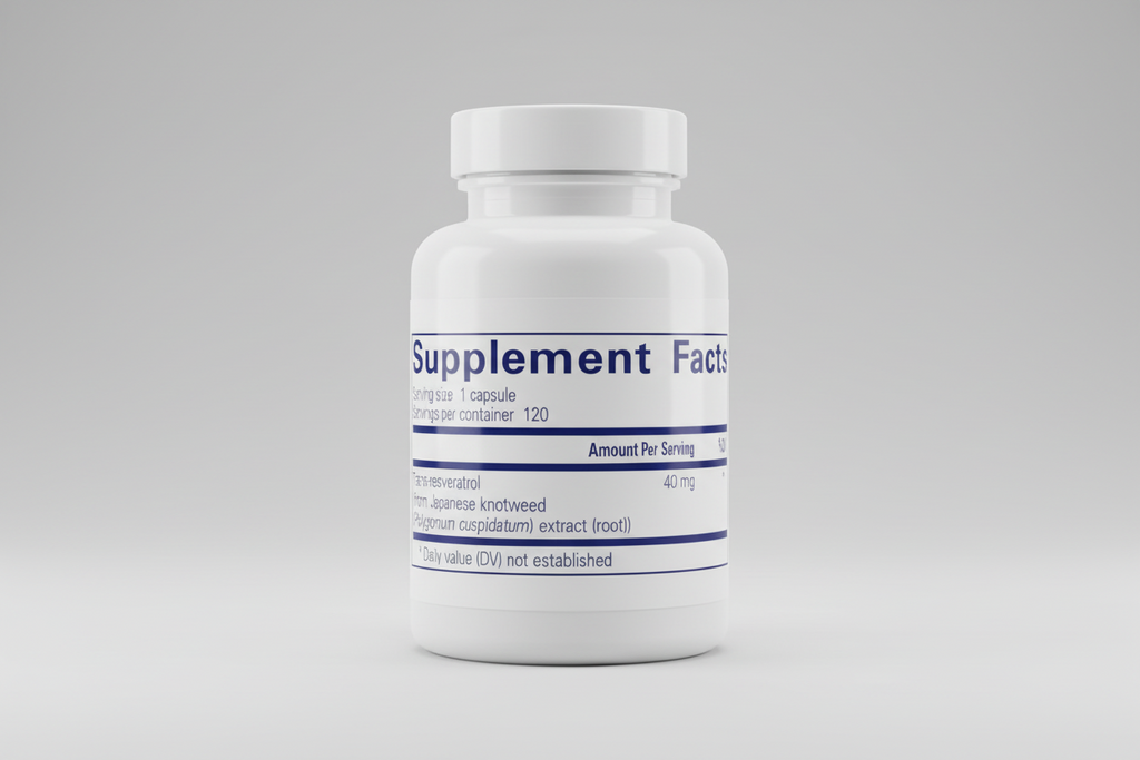 Supplement facts label with trans-resveratrol information on a white background