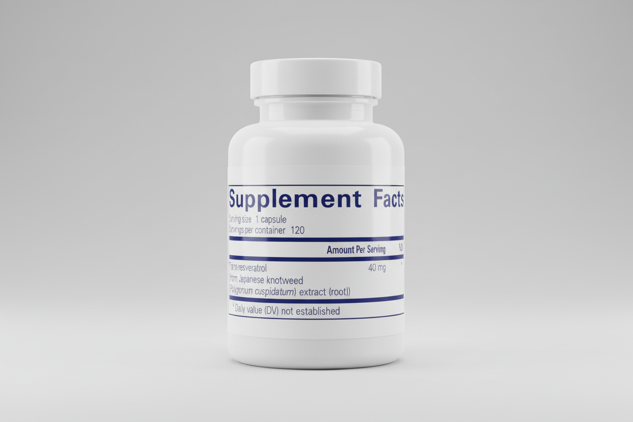 Supplement facts label with trans-resveratrol information on a white background