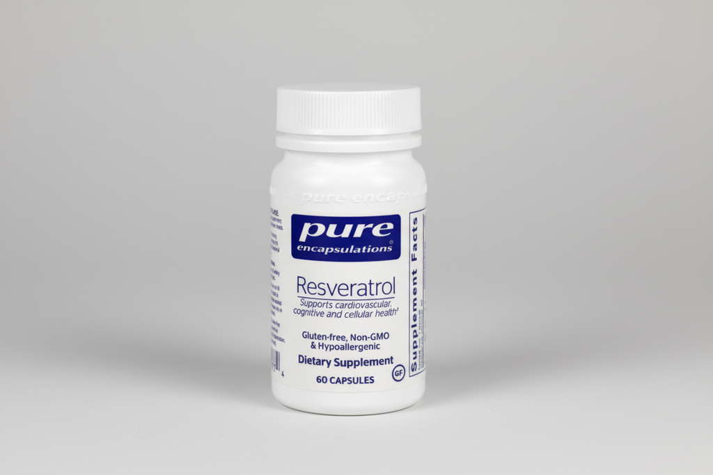 White supplement bottle labeled 'pure encapsulations Resveratrol' on a white background