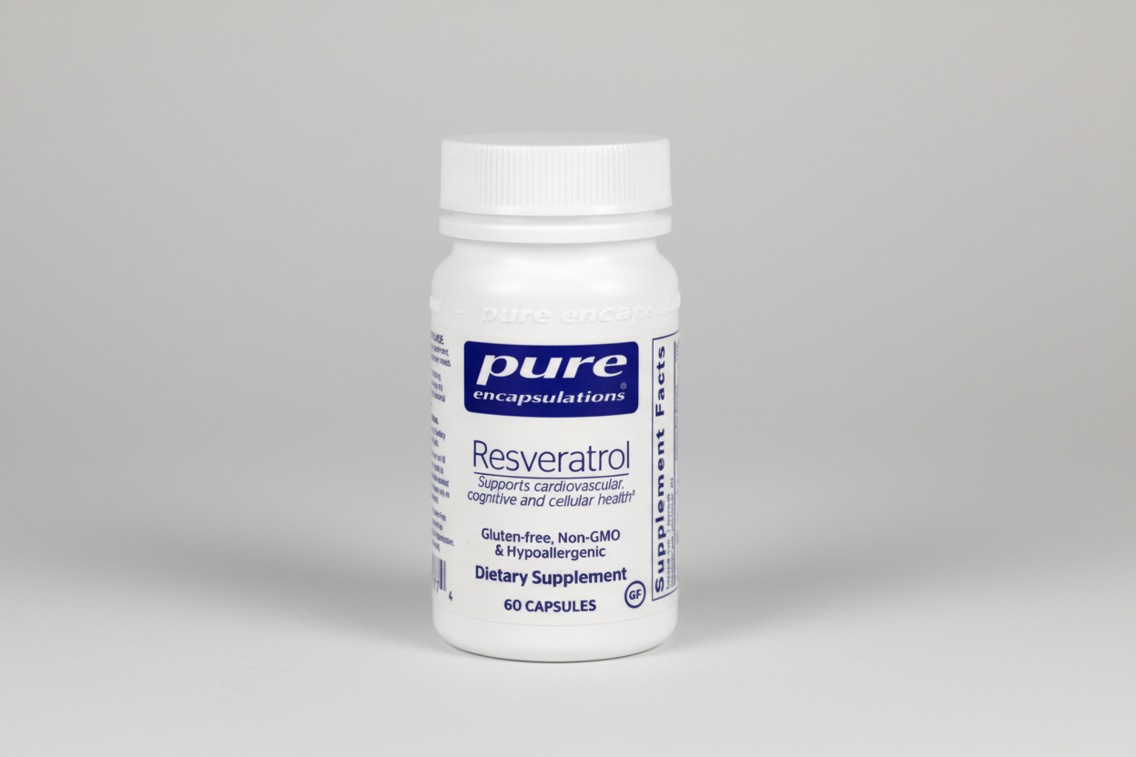 White supplement bottle labeled 'pure encapsulations Resveratrol' on a white background