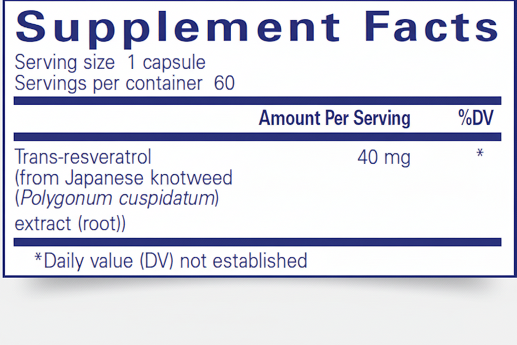 Supplement facts label with trans-resveratrol from Japanese knotweed on a white background