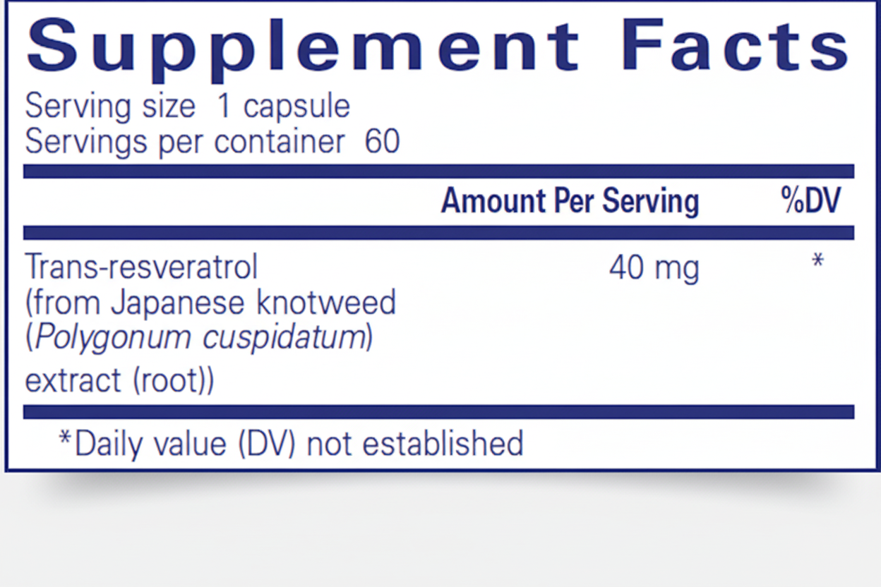 Supplement facts label with trans-resveratrol from Japanese knotweed on a white background