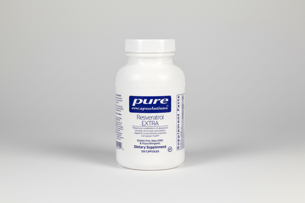 White supplement bottle labeled 'pure encapsulations Resveratrol Extra' on a white background