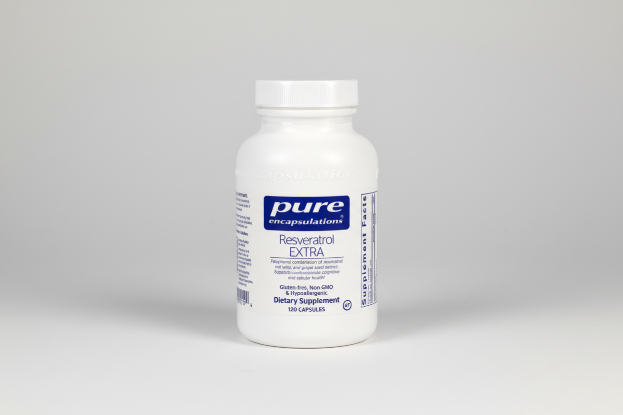 White supplement bottle labeled 'pure encapsulations Resveratrol Extra' on a white background