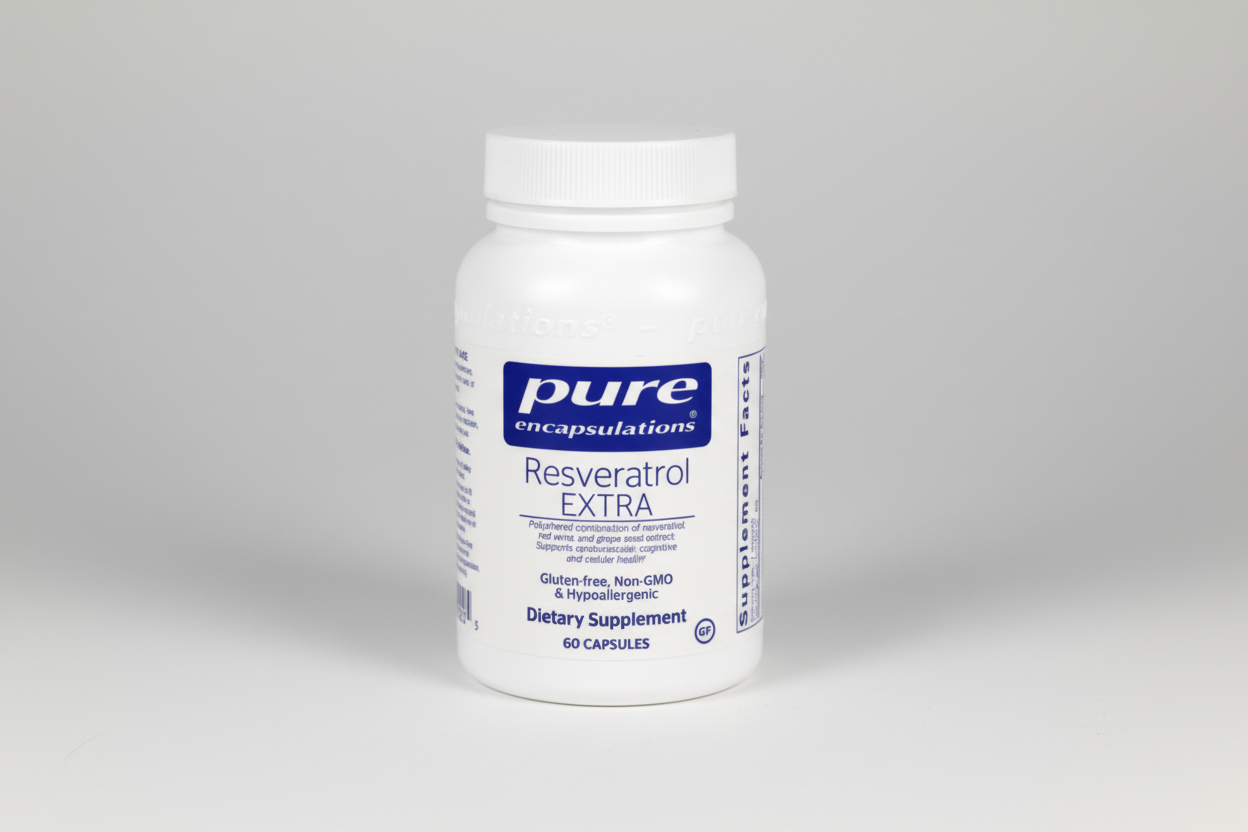 Supplement bottle labeled 'pure encapsulations Resveratrol Extra' on a white background