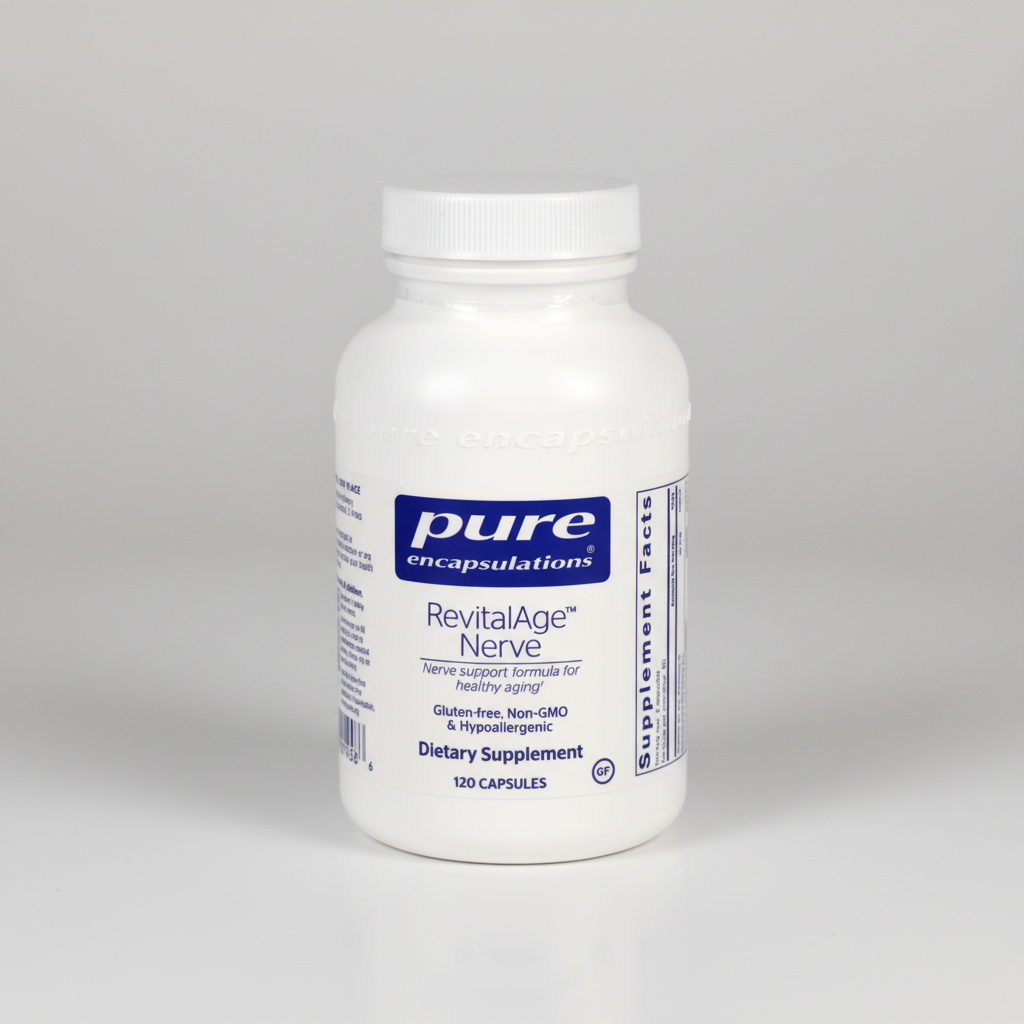 Supplement bottle labeled 'RevitalAge Nerve' by Pure Encapsulations on a white background