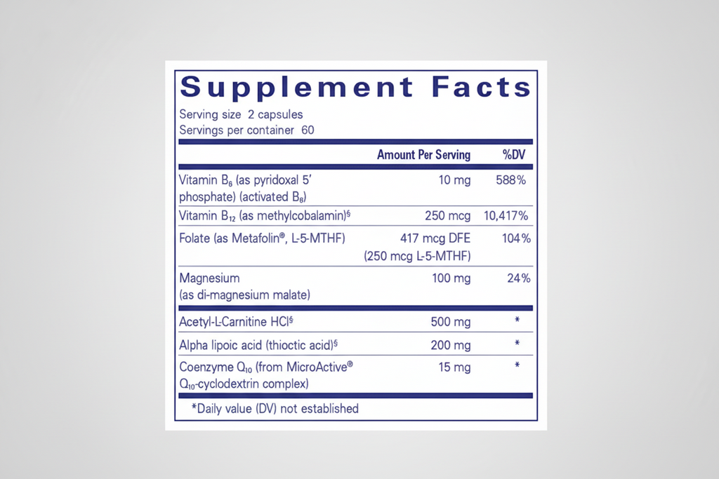 Supplement facts label with various vitamins and minerals listed