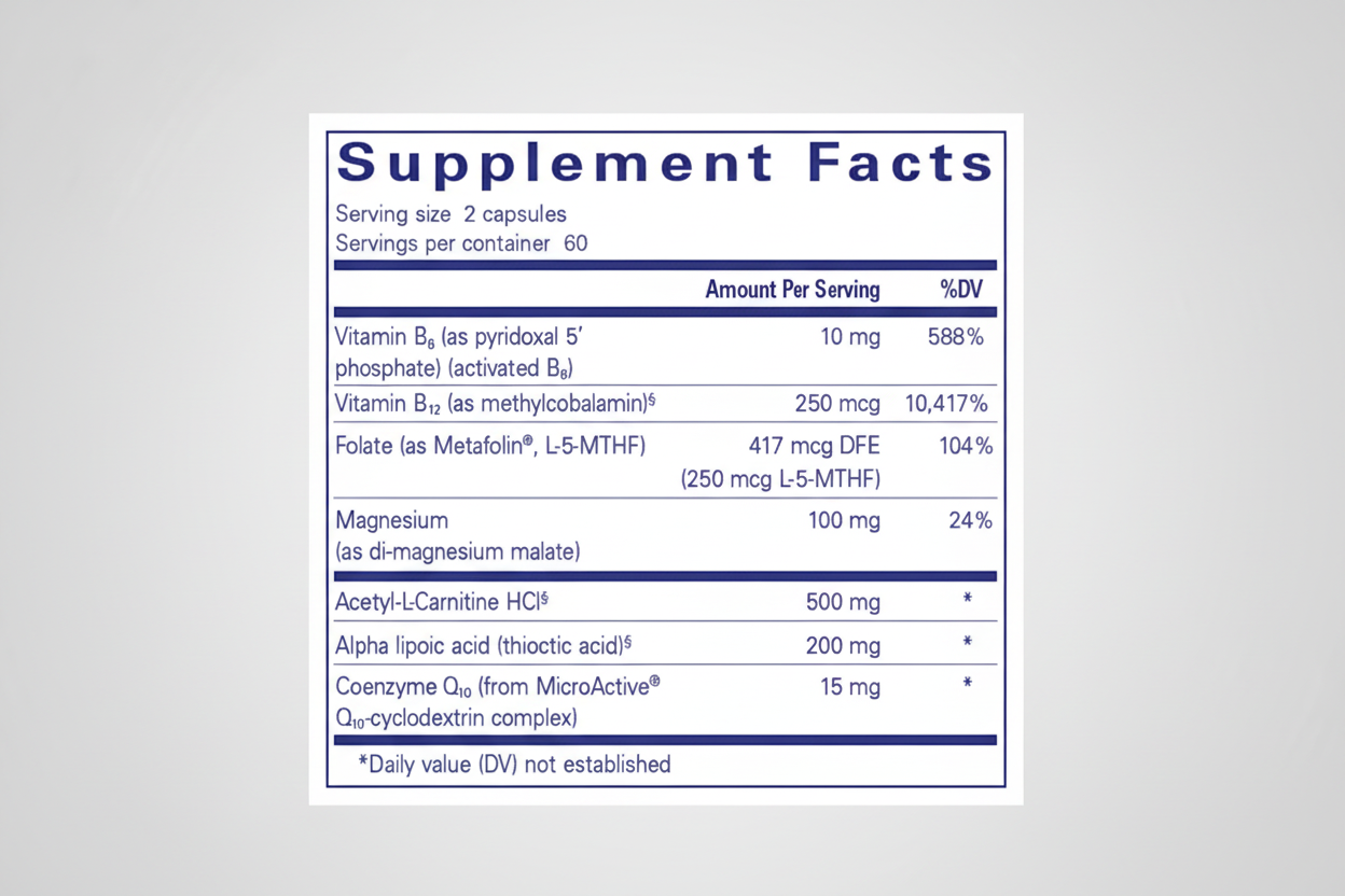 Supplement facts label with various vitamins and minerals listed