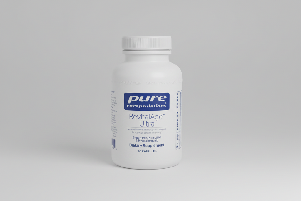 Supplement bottle labeled 'pure encapsulations RevitalAge Ultra' on a white background