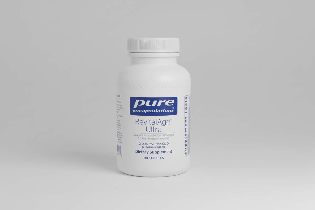 Supplement bottle labeled 'pure encapsulations RevitalAge Ultra' on a white background