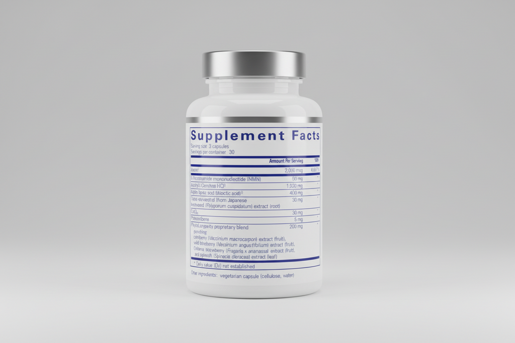 Supplement facts label with various nutrients listed on a white background