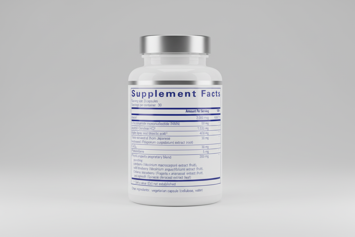 Supplement facts label with various nutrients listed on a white background