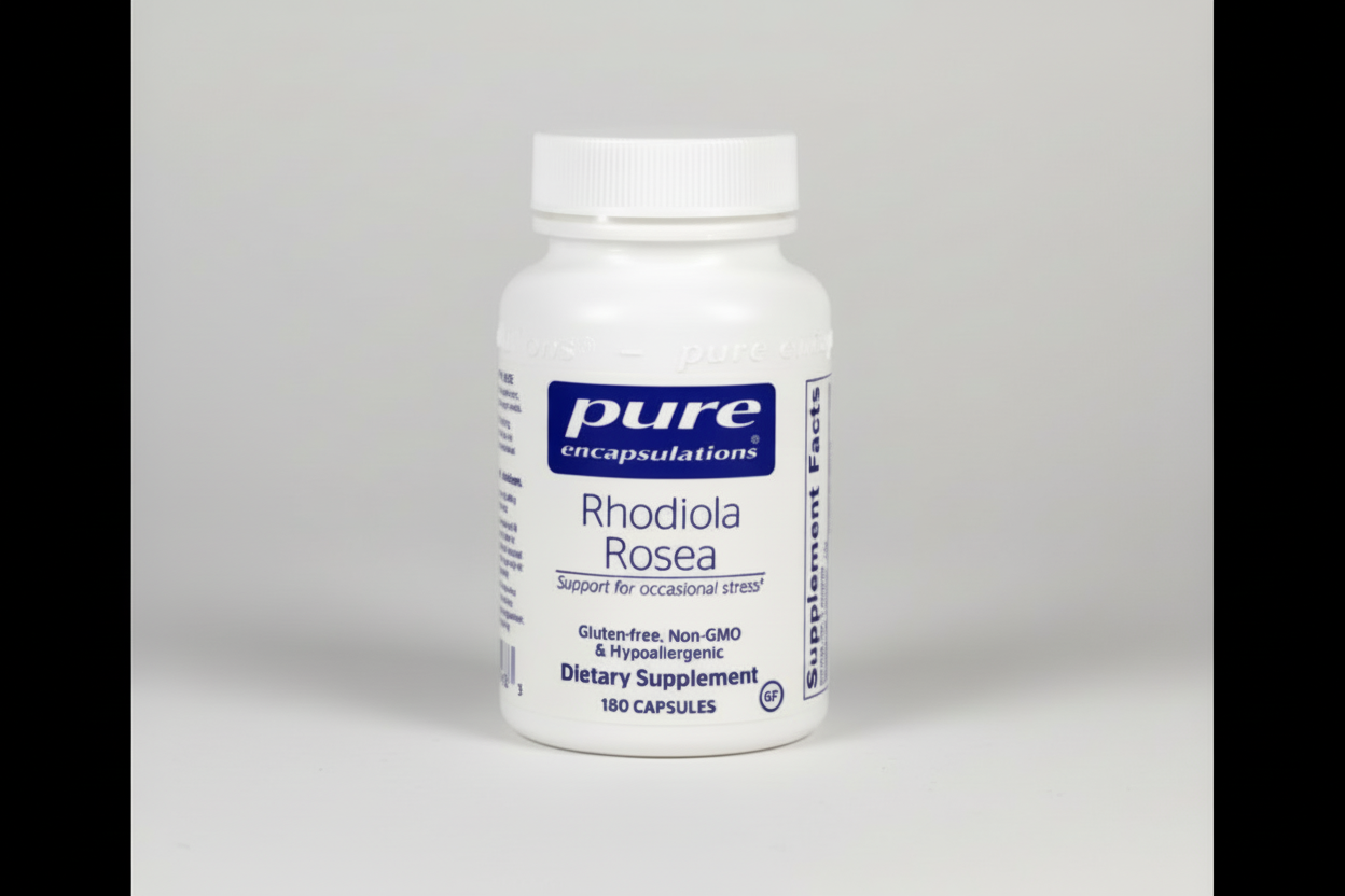 Supplement bottle labeled 'pure encapsulations Rhodiola Rosea' on a white background