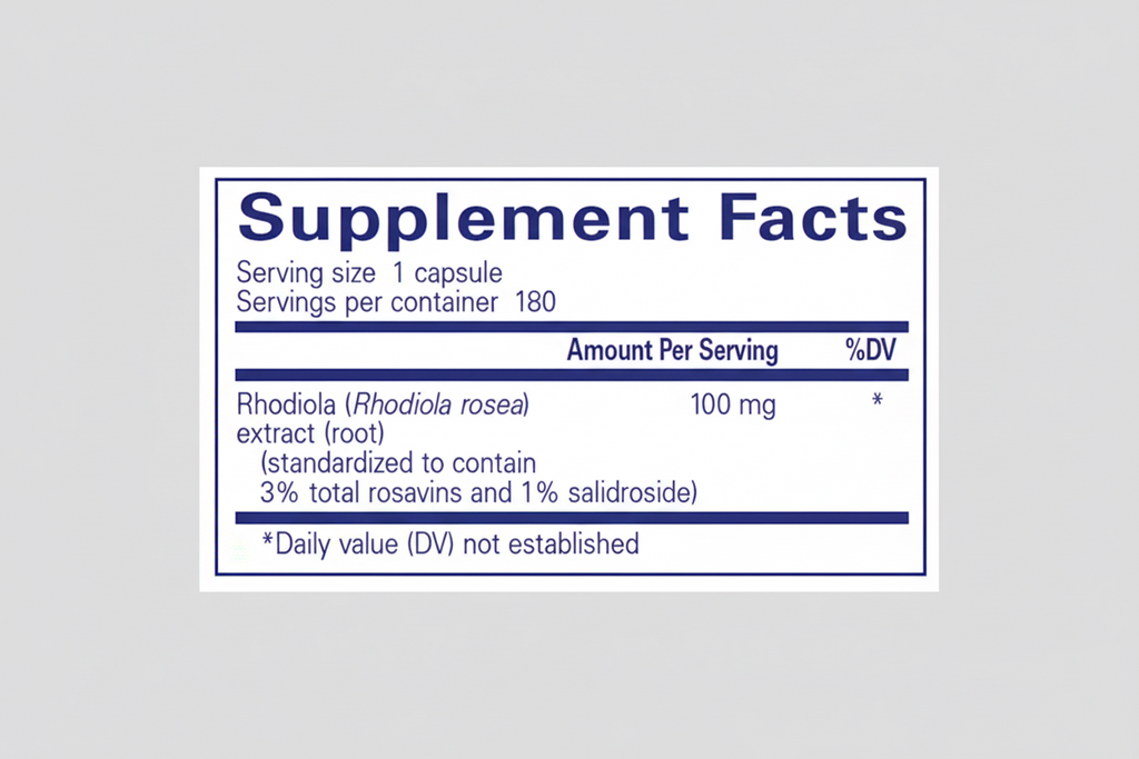 Supplement facts label for Rhodiola extract capsules with serving size and container details.