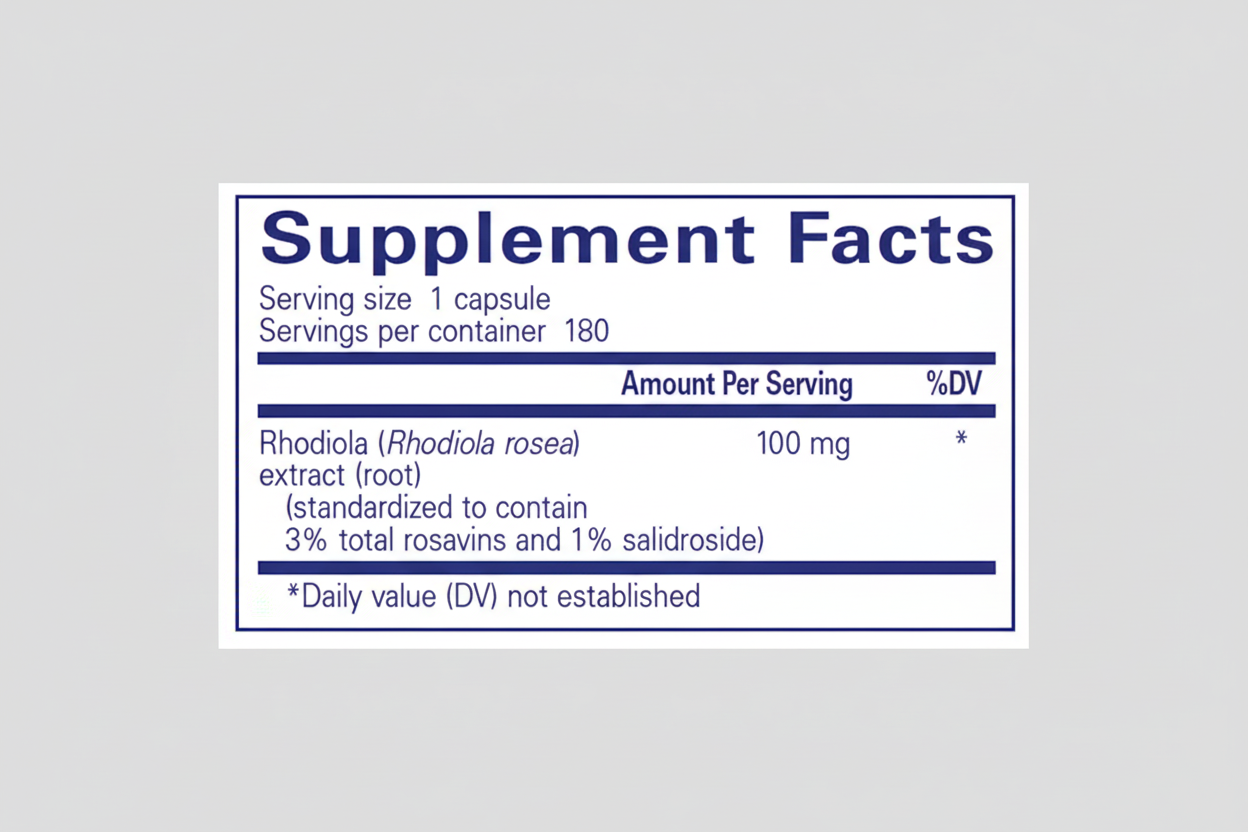 Supplement facts label for Rhodiola extract capsules with serving size and container details.