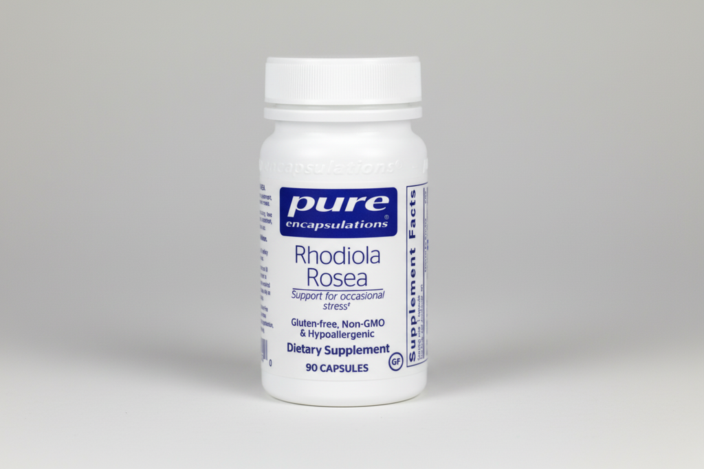 Supplement bottle labeled 'pure encapsulations Rhodiola Rosea' on a white background
