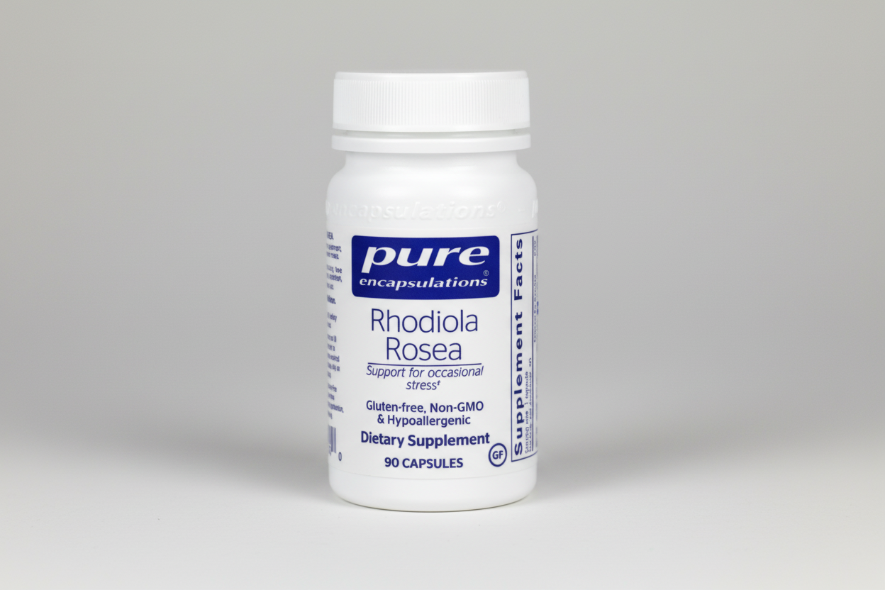 Supplement bottle labeled 'pure encapsulations Rhodiola Rosea' on a white background