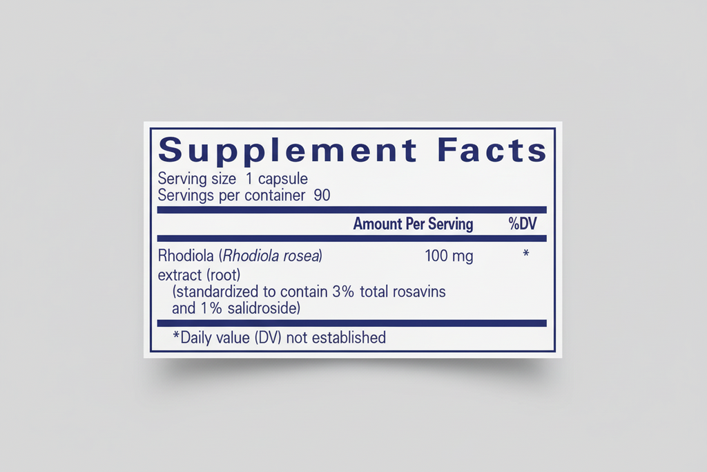 Supplement facts label for Rhodiola extract capsules with serving size and amount per serving details.