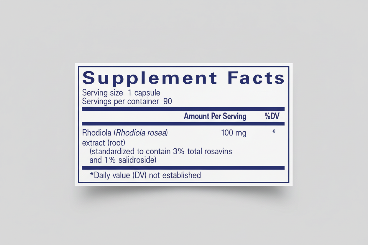 Supplement facts label for Rhodiola extract capsules with serving size and amount per serving details.