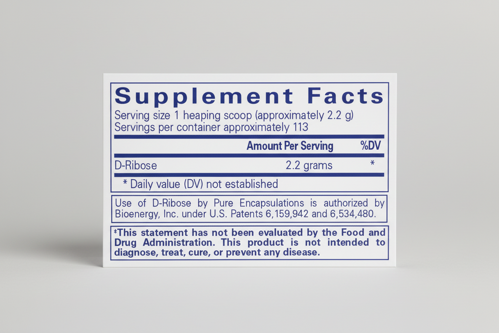 Supplement facts label for D-Ribose on a white background