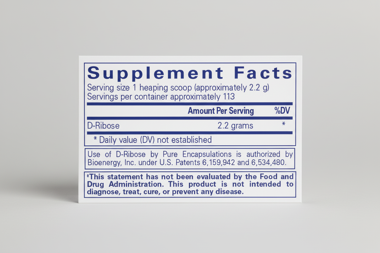 Supplement facts label for D-Ribose on a white background