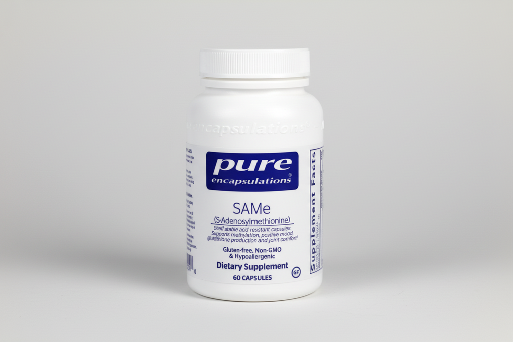 White supplement bottle labeled 'pure encapsulations' on a white background