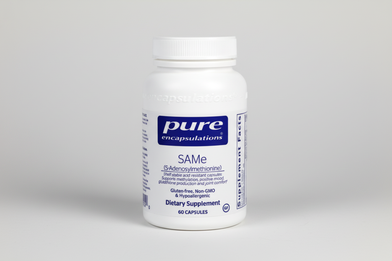 White supplement bottle labeled 'pure encapsulations' on a white background