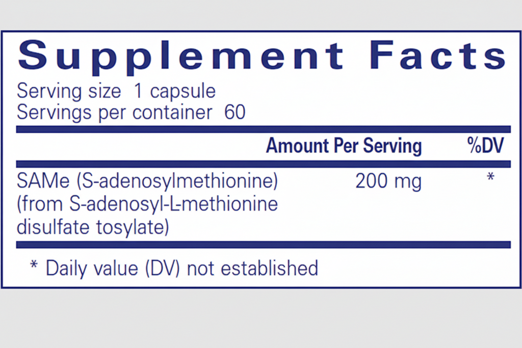 Supplement label with SAMé (S-adenosylmethionine) information on a blue background