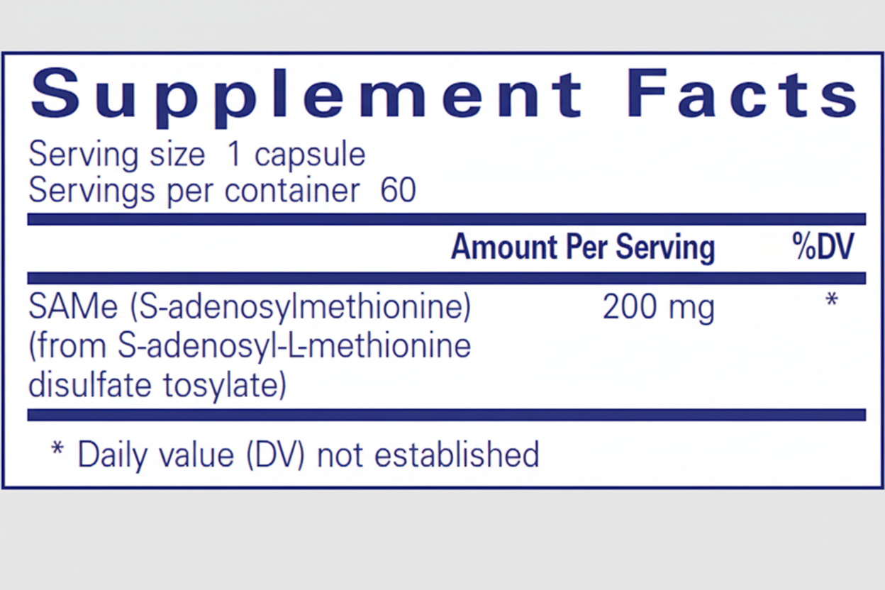 Supplement label with SAMé (S-adenosylmethionine) information on a blue background